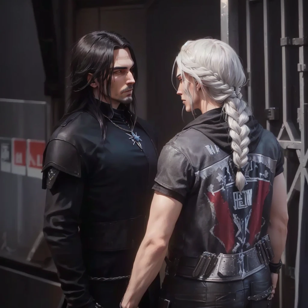 they are couple standing next to each other with long hair, johnny silverhand, leon s kennedy, medium shot of two characters, from witcher (2021), they are close to each other, video game screenshot>, mario as the witcher, she has dark grey hairs, less muscle , cute