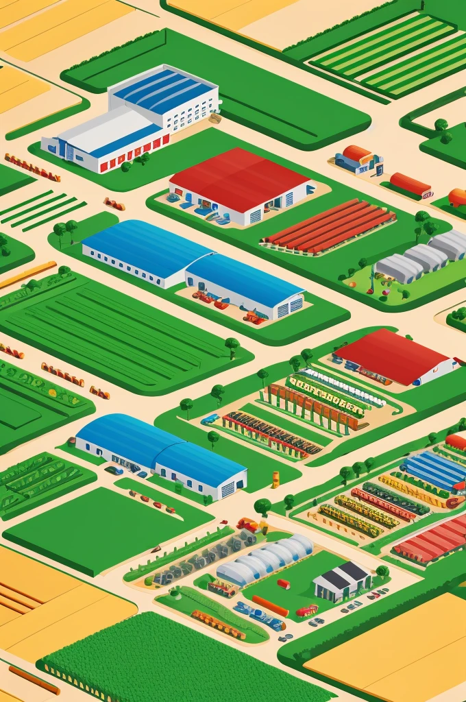 A colorful illustration representing the three sectors (A farm, a factory and a store).