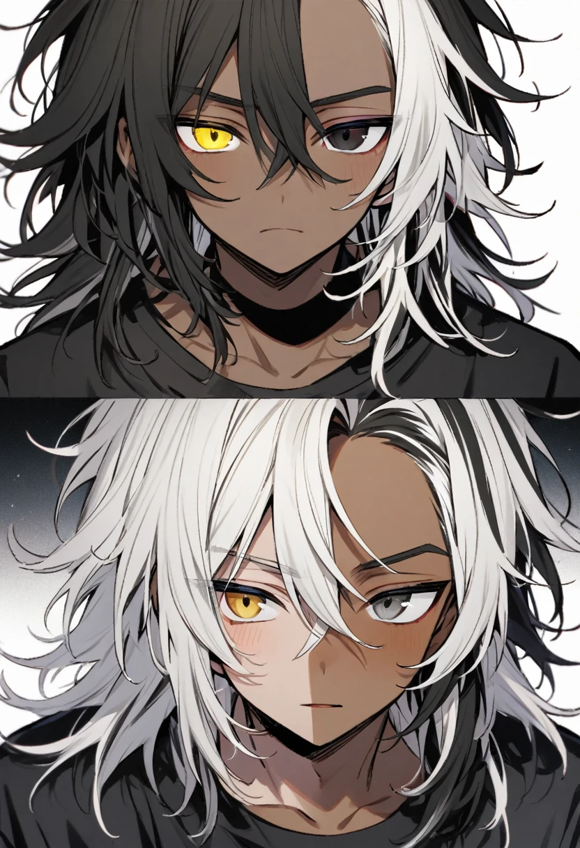 white shirt, wearing a black sweatshirt with silver details , yellow and black eyes heterochromia, expression of calm, Messy hair , Medium length hair , 1 men , multicolored black and white hair ( focus on hair containing both colors) , two tone hair , dark skin color with vagabond undertones