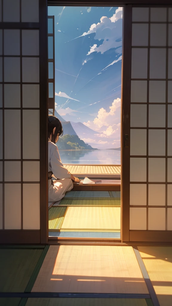 Create an image of a tranquil scene viewed from a traditional Japanese room. The perspective is from inside looking out through open sliding doors to a bright blue sea under a clear sky with scattered clouds. Include details such as tatami mats, shoji doors, and a person sitting in seiza position gazing out at the serene landscape.