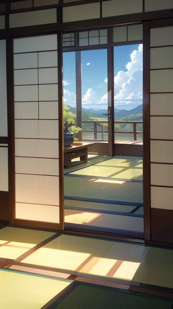 Create an image of a tranquil scene viewed from a traditional Japanese room. The perspective is from inside looking out through open sliding doors to a bright blue sea under a clear sky with scattered clouds. Include details such as tatami mats, shoji doors, and a person sitting in seiza position gazing out at the serene landscape.