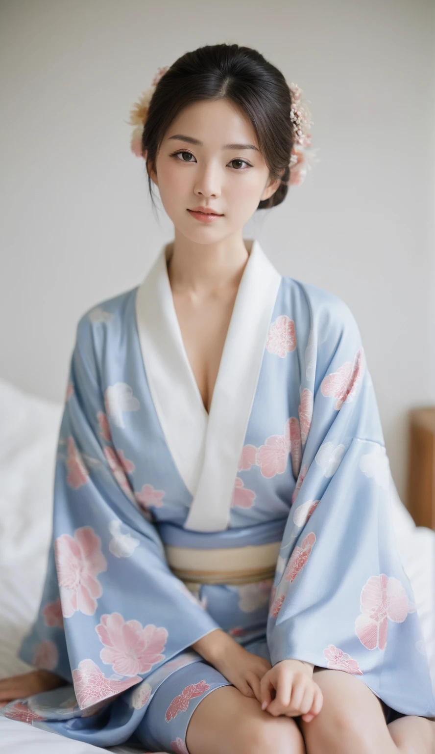 arafed asian woman in a kimono sitting on a bed, in kimono, wearing kimono, yukata, kimono, classy yukata, wearing a kimono, wearing a haori, wearing a simple robe, in a kimono, kimono, japanese kimono, wearing a simple robe, classic kimono, wearing royal kimono, Japanese Model, Traditional Japanese, Japanese style