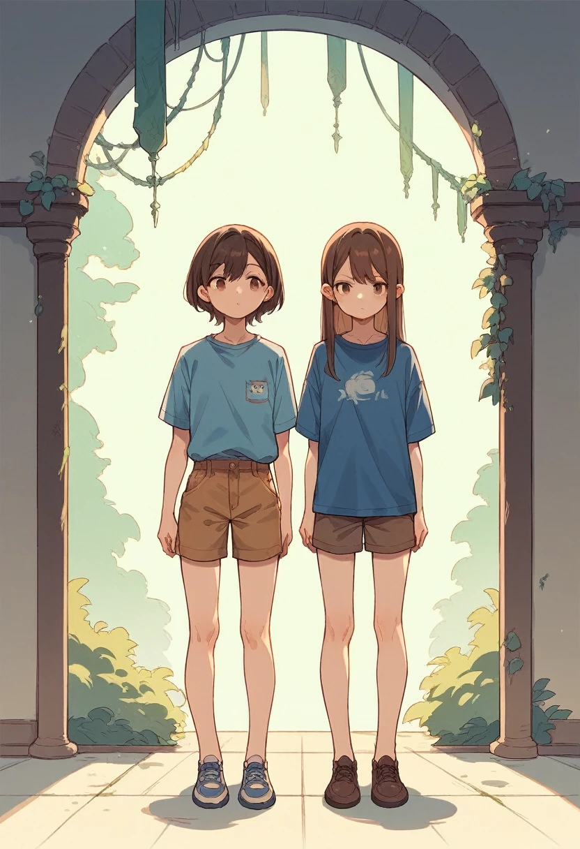 a anime women, wearing a blue shirt, and a brown shorts, long brown hair, standing, full body, thin body