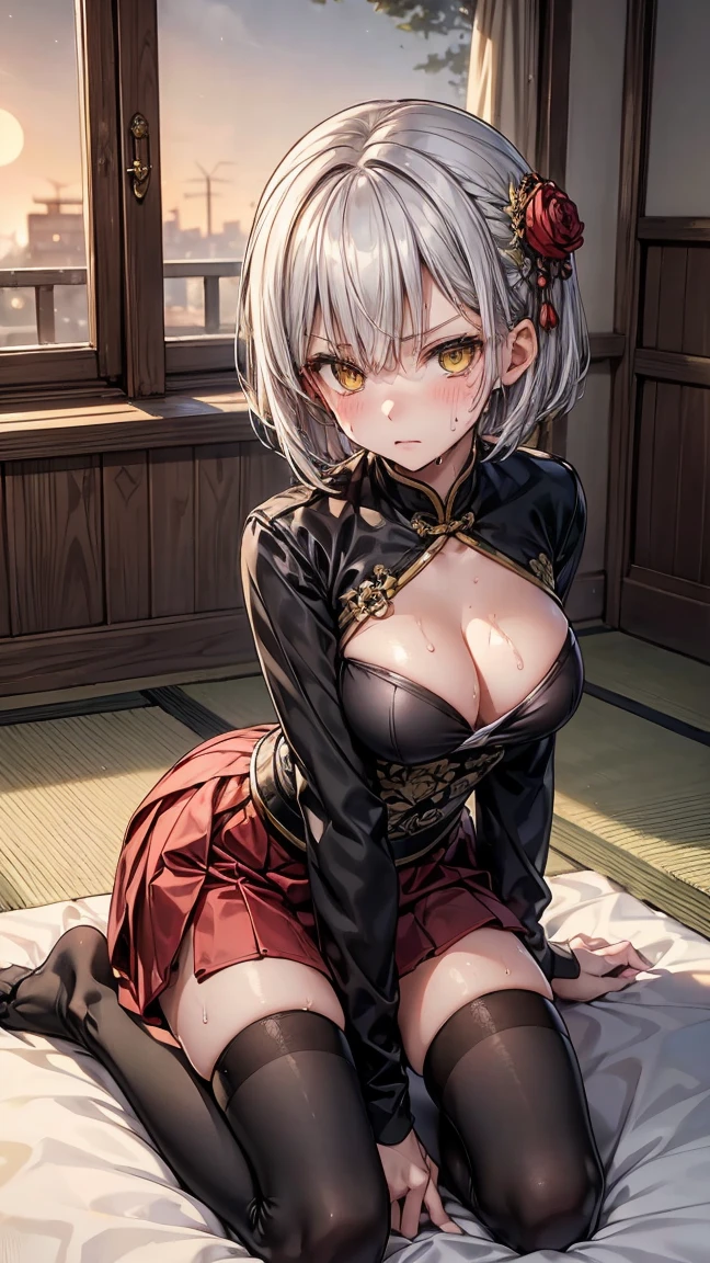 young girl , short silver bob hair, hair flower, sharp bangs between the eyes, yellow eyes, eyes large, dominant look, cold stare, somewhat angry expression. traditional chinese imperial clothes black with gold details, red skirt, black thigh high socks. slenderbody. On your knees on the bed, kneeling. front point of view, far view. in a Japanese room, at night, with full moon in the background, light reflecting on the sexy and sweaty body. (((sweat)))
