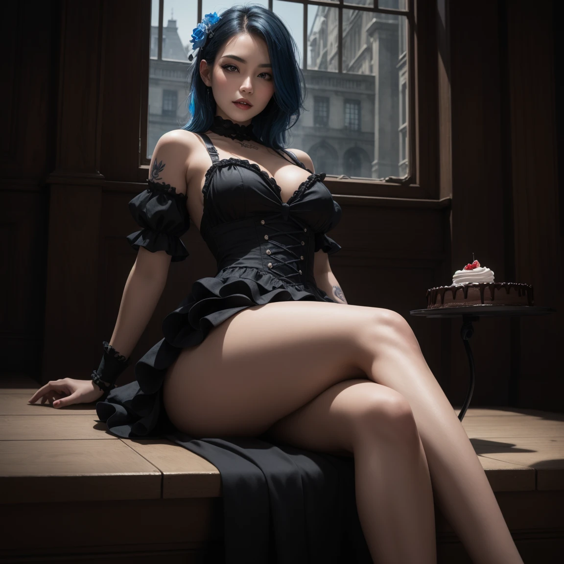 (best quality,highres),(realistic:1.37),(portrait),(studio lighting), ,solo mature woman,curvy, medium breasts, curvy bum ,curly purple hair, bright blue eyes,full lips, seductive, choker, painter's apron,painter's hat, dressed in a gothic-style sexy dress