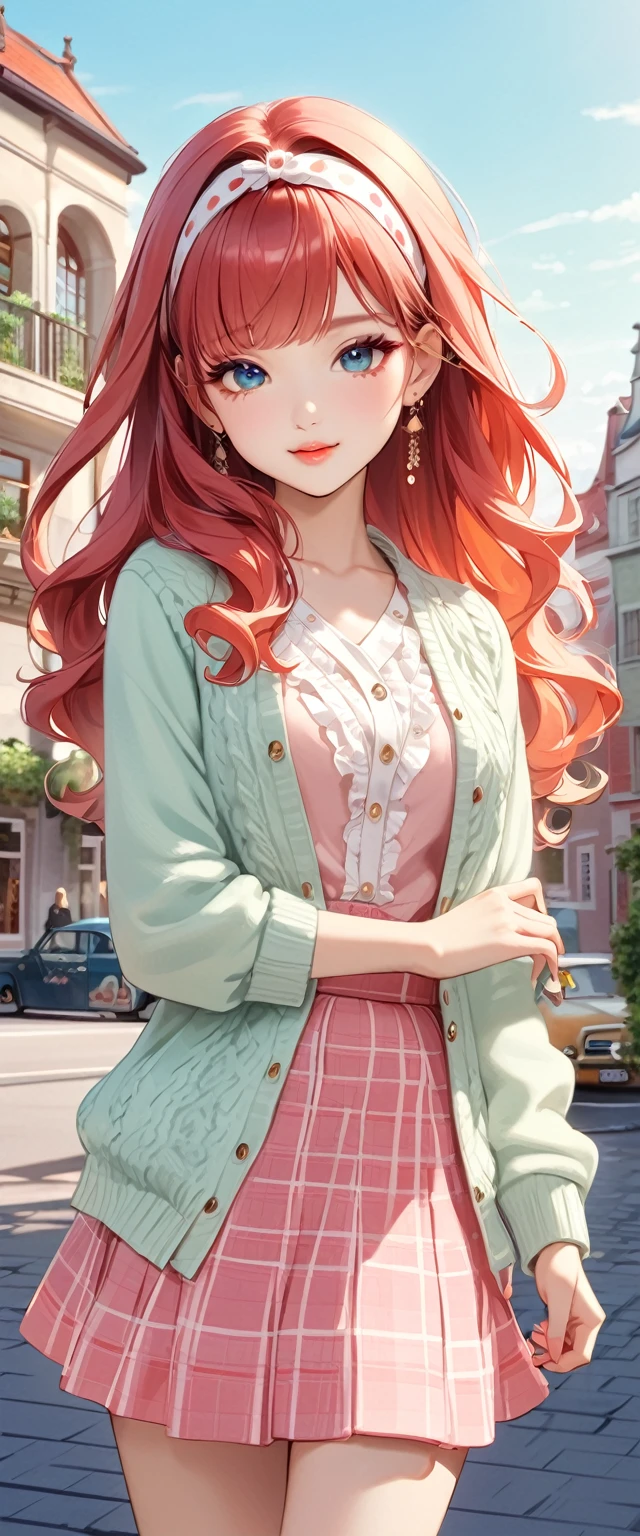 Highest quality、High resolution、Detailed Background、Beautiful face in every detail、Detailed facial expressions、Beautiful women in their 20s、Brightly colored hair、Long Hair、Wavy Hairstyle、Cute Eye Makeup、Cute Lip Makeup、Perfect body line、Do cute things、Show the whole body、
(A beautiful model with modern architecture and uniquely designed buildings in the background:1.5)、
You can also combine a jumper skirt with a blouse or knitwear with frills or lace to create a girly look.、
Pair it with a polka dot or checked blouse and add a headband or vintage-inspired accessories to complete the retro look.、very beautiful