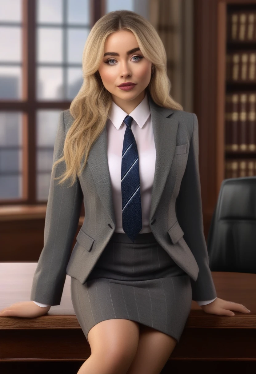 SabrinaCarpenter,High Quality, Intricately Detailed, Hyper-Realistic woman Lawyer Portrait Photography, Volumetric Lighting, Full Character, 4k, In Workwear, skirt suit, (((three-piece suit))), (((dress shirt))), (((necktie))), (((blazer))), (((suit jacket))), ((waistcoat)), double-breasted waistcoat, (((bodycon miniskirt))), stockings, pocket square, cufflinks,