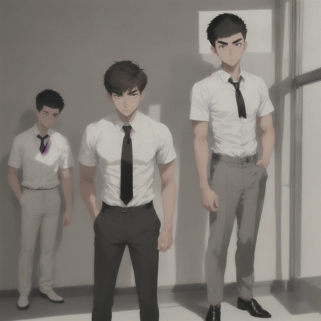 Male Asian young adult , short spikey hair , brown lazy eyes, sharp eyebrow, thin nose, good looking ,brown hair, tan skin, broad shoulders, lean, tall, short black tie, fitted white school shirt with rolled sleeves, light grey school pants, black fancy shoe , full body view