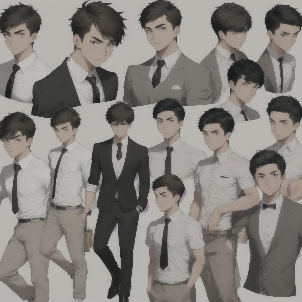 Male Asian young adult , short spikey hair , brown lazy eyes, sharp eyebrow, thin nose, good looking ,brown hair, tan skin, broad shoulders, lean, tall, short black tie, fitted white school shirt with rolled sleeves, light grey school pants, black fancy shoe , full body view