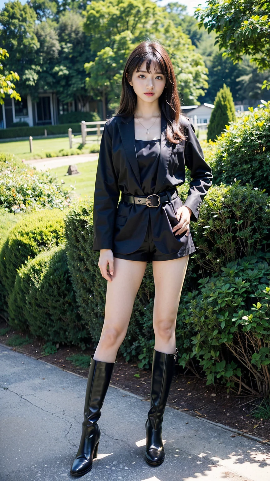(8k、RAW Photos、Highest quality、masterpiece:1.2)、(Realistic、Realistic)、1 Girl、((suit、Black shorts、Shortcuts、boots、garden、View from the front、Looking at the camera、belt、Hands on your hips))、cute