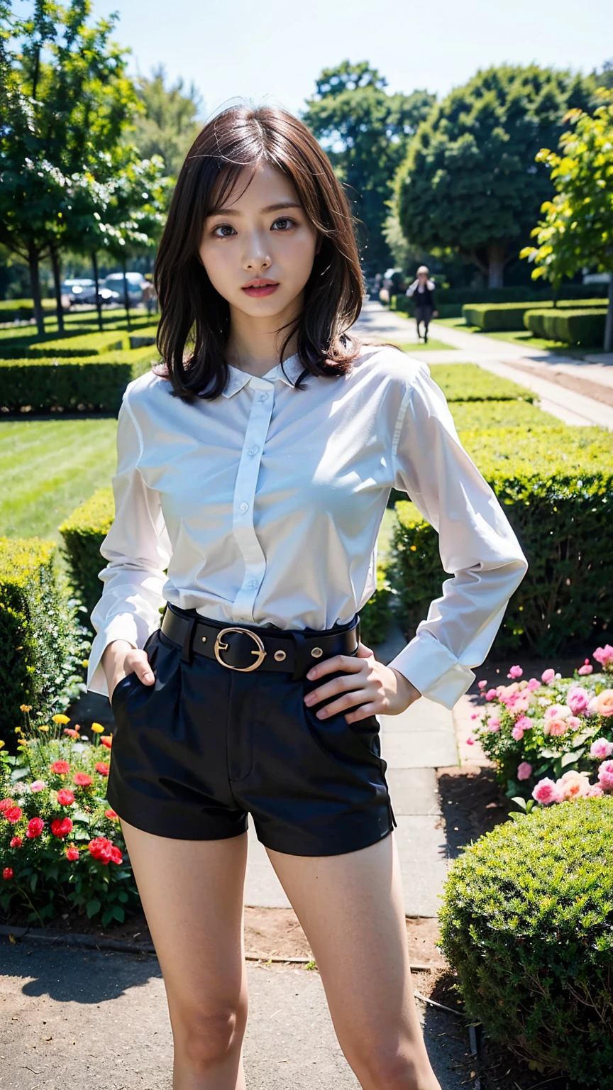 (8k、RAW Photos、Highest quality、masterpiece:1.2)、(Realistic、Realistic)、1 Girl、((suit、Black hort hair、boots、garden、View from the front、Looking at the camera、belt、Hands on your hips))、cute