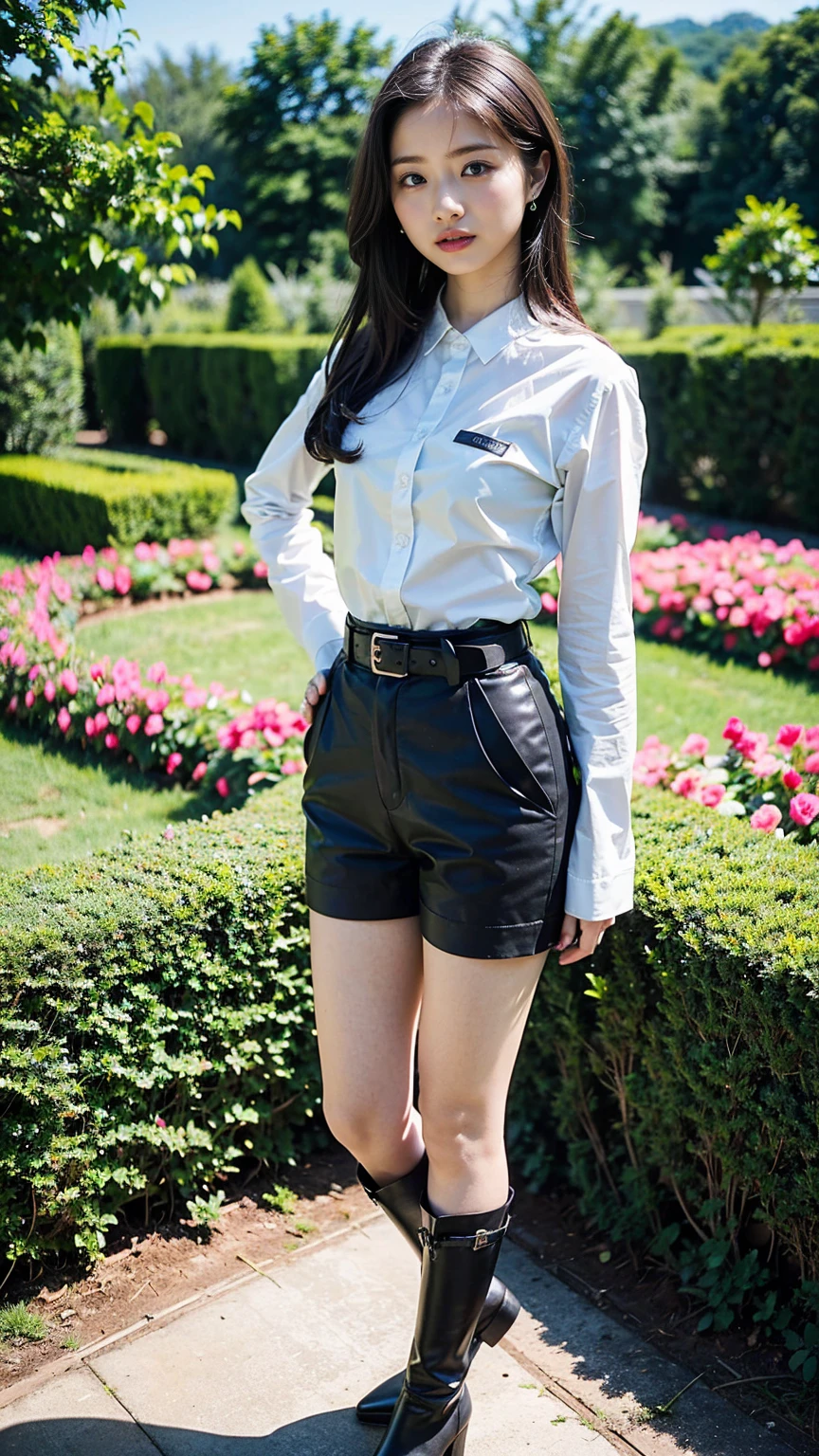 (8k、RAW Photos、Highest quality、masterpiece:1.2)、(Realistic、Realistic)、1 Girl、((suit、Black shorts、Shortcuts、boots、garden、View from the front、Looking at the camera、belt、Hands on your hips))、cute