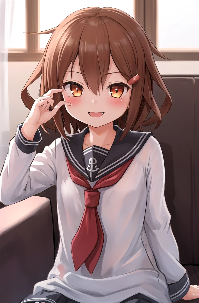 masterpiece, Highest quality,Super detailed,One girl,  Ikazuchi_Kantai Collection sofa,smile,Upper Body,Earpick,wrap_pillow_invitation,Earpick,tooth,