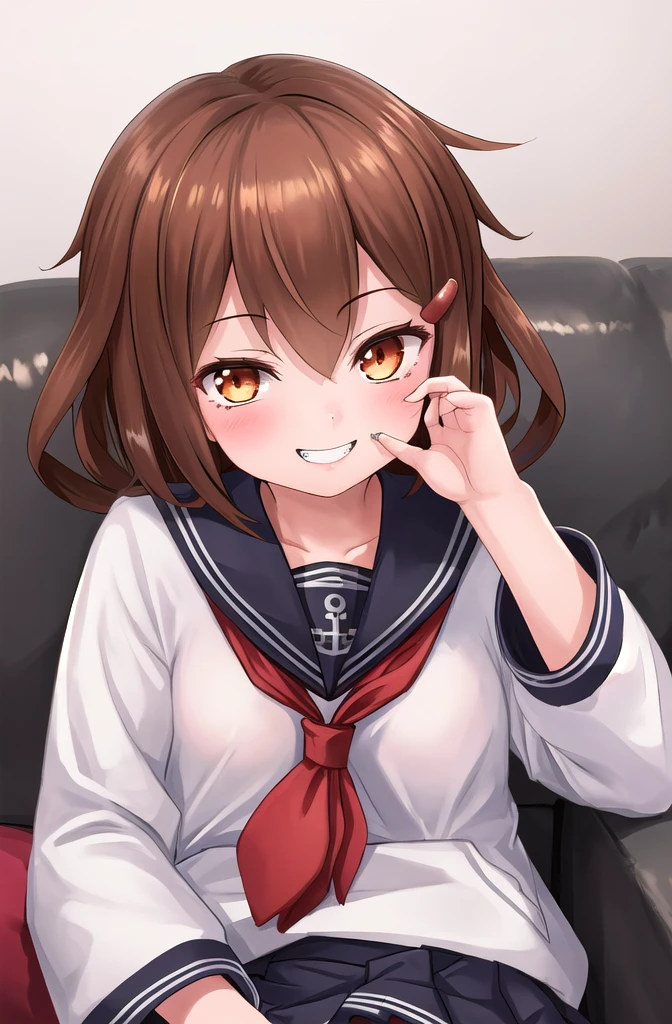 masterpiece, Highest quality,Super detailed,One girl,  Ikazuchi_Kantai Collection sofa,smile,Upper Body,Earpick,wrap_pillow_invitation,Earpick,tooth,