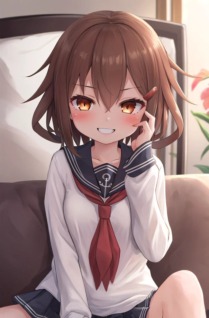 masterpiece, Highest quality,Super detailed,One girl,  Ikazuchi_Kantai Collection sofa,smile,Upper Body,Earpick,wrap_pillow_invitation,Earpick,tooth,