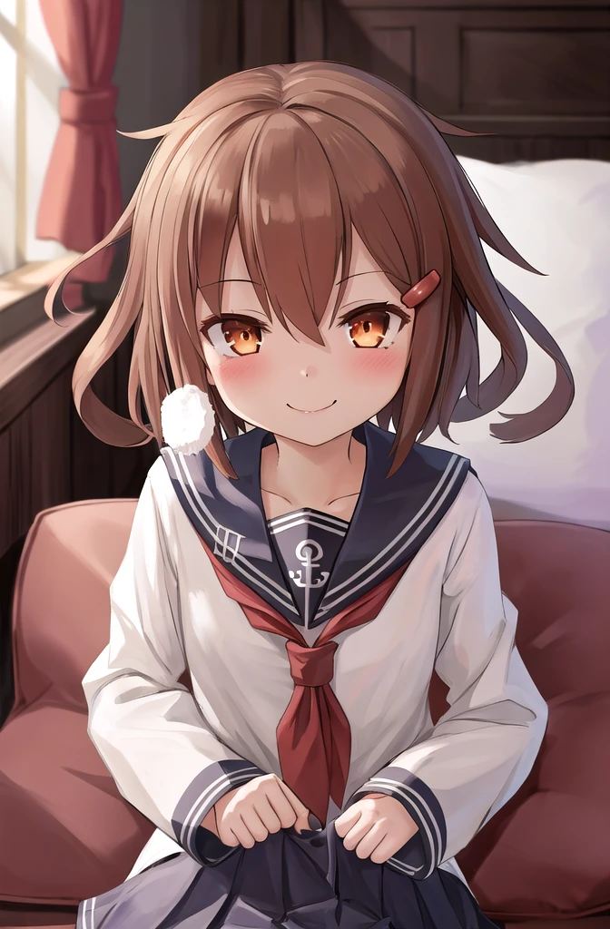 masterpiece, Highest quality,Super detailed,One girl,  Ikazuchi_Kantai Collection sofa,smile,Upper Body,Earpick,wrap_pillow_invitation,Earpick,tooth,