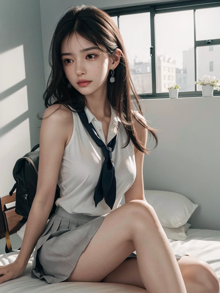 absurdres, RAW photo, extremely delicate and beautiful, masterpiece, Best Quality, ultra high resolution, 32k, hyperrealistic, ultra-detailed, perfect anatomy, super Detailed skin, perfect figure, Super Beauty, Perfect Style, Perfect balance, Beautiful Lighting, Perfect Lightning, Realistic Shadows, 20 years old, very Slim body, narrow waist, very small head, very small face, delicate facial features, handsome detailed woman, very detailed eyes and face, realistic face proportions, Realistic beautiful face, Realistic beautiful eyes, tearful mole, earring, very huge round breasts, medium hair, asymmetrical hair, (full body), (school_uniform), collared shirt, sleeveless, bare legs,