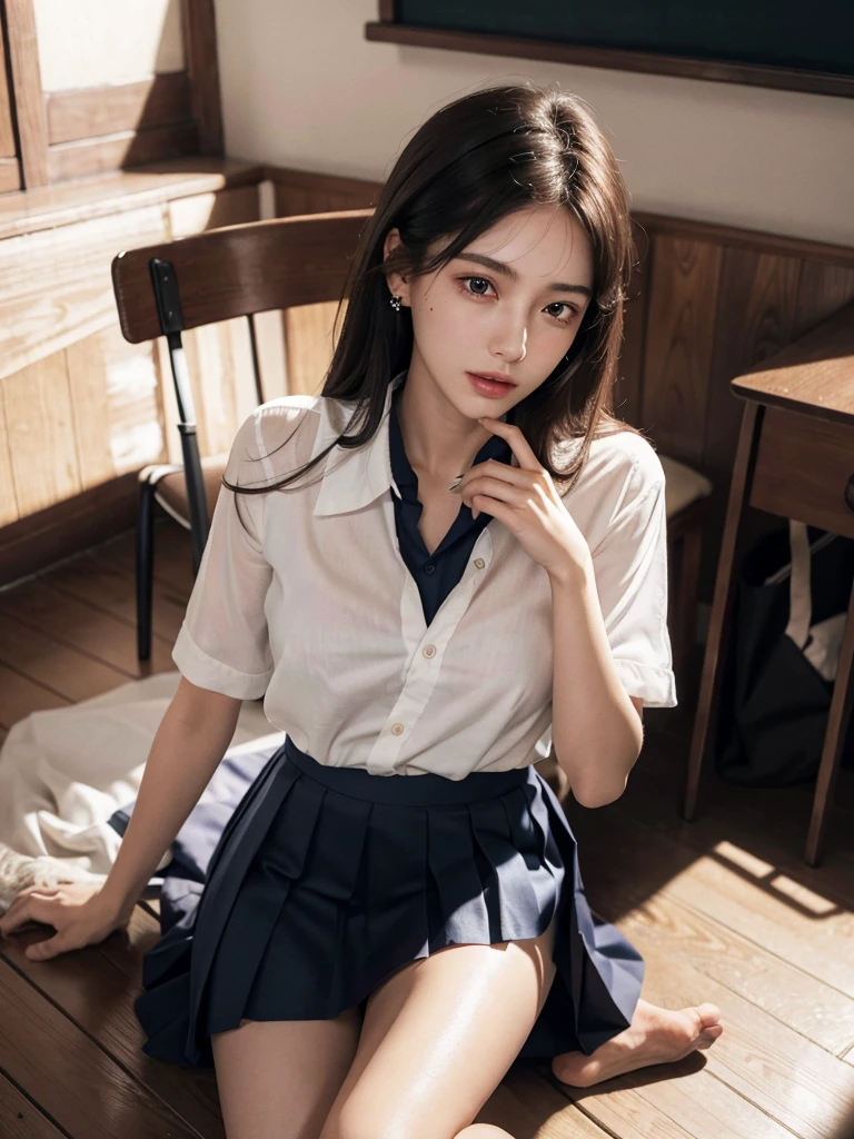 absurdres, RAW photo, extremely delicate and beautiful, masterpiece, Best Quality, ultra high resolution, 32k, hyperrealistic, ultra-detailed, perfect figure, in her 20s, delicate facial features, tearful mole, earring, medium breasts, full body shot, medium hair, asymmetrical hair, bare foots, (school_uniform), short skirt,