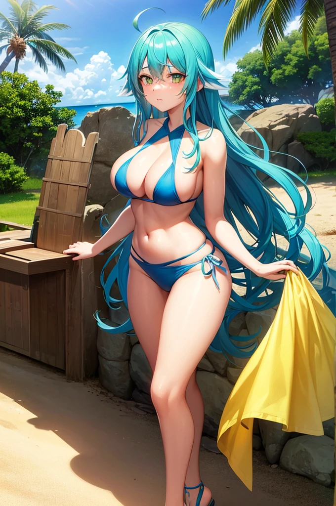 Rimuru Tempest, in its feminine form 1.90 meters with O cup breasts, golden eyes that shine with wisdom and shapely legs, She wears a blue swimsuit that accentuates her stunning and elegant figure while on the beach. She is hugging Izuku Midoriya, who, with his height of 1.66 meters, Thin but athletic build, youthful face with freckles and big green eyes full of determination, He wears a swimsuit with shorts that highlights his informal style in the sand. Rimuru, with her long, silky baby blue hair cascading down to her waist., He wraps his arms around Izuku., gently pressing her breasts against Izuku's back in a gesture of closeness and protection. The sun shines on them, and the sound of the ocean waves adds a touch of serenity to the moment, creating a scene of connection and warmth between these two characters from different worlds.