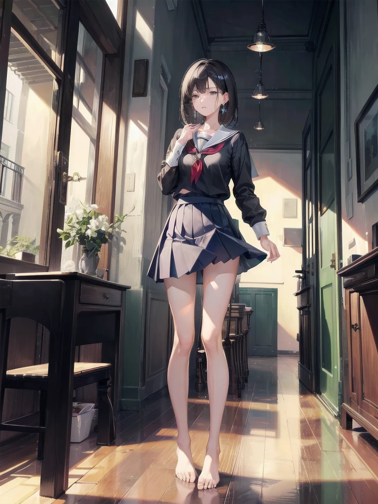 absurdres, RAW photo, extremely delicate and beautiful, masterpiece, Best Quality, ultra high resolution, 32k, hyperrealistic, ultra-detailed, perfect figure, in her 20s, delicate facial features, tearful mole, earring, medium breasts, full body shot, medium hair, asymmetrical hair, bare foots, (school_uniform), short skirt,