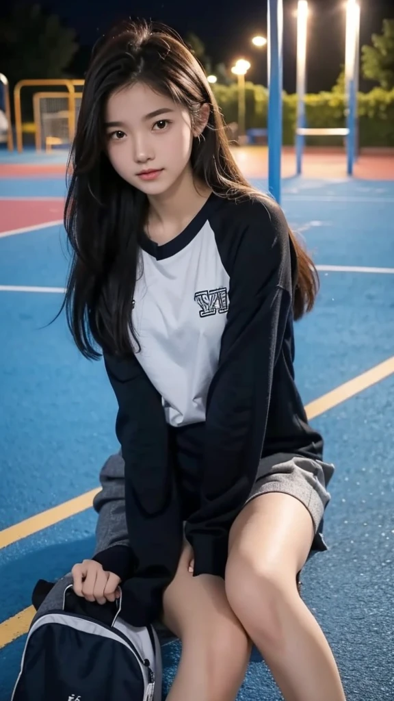 First-person perspective,a female high school student,Sit on the playground,night,wearing jk,Lovely, dont use pants, open her tight