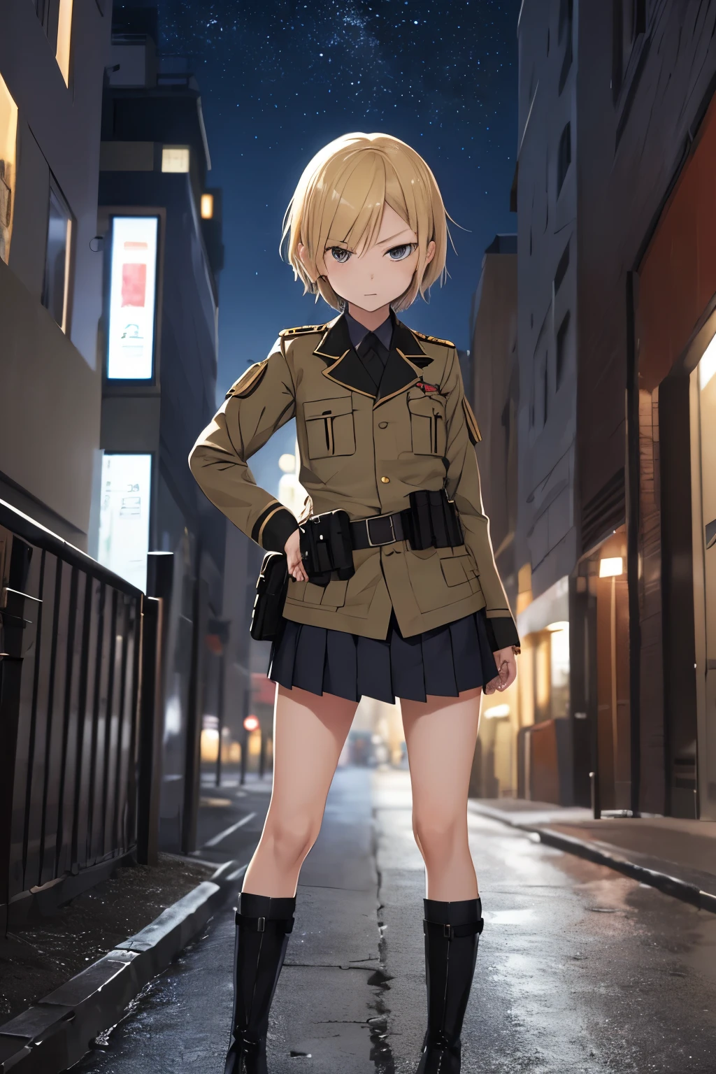 Anime girl 8 years old , childishi body , angry face  menacing  , short Blonde hair , scar  , keep militar,  ,very mini-skirt ,  uniform , tactical military , katana , military boots  . Utility Belt Holster  . Smug , city night 