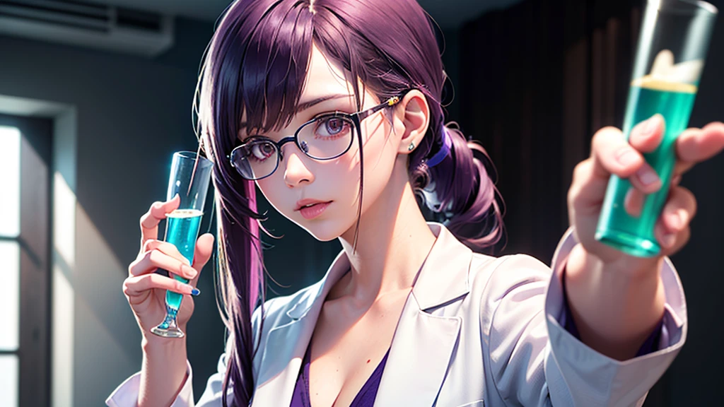 cinderella girl,1girl,long purple hair,ponytail,glasses,white lab coat,curious expression,inquisitive face,holding glass test tube,white laboratory background,(best quality,8k,highres,masterpiece:1.2),ultra-detailed,(realistic:1.37),professional,vivid colors,studio lighting,physically-based rendering,concept art