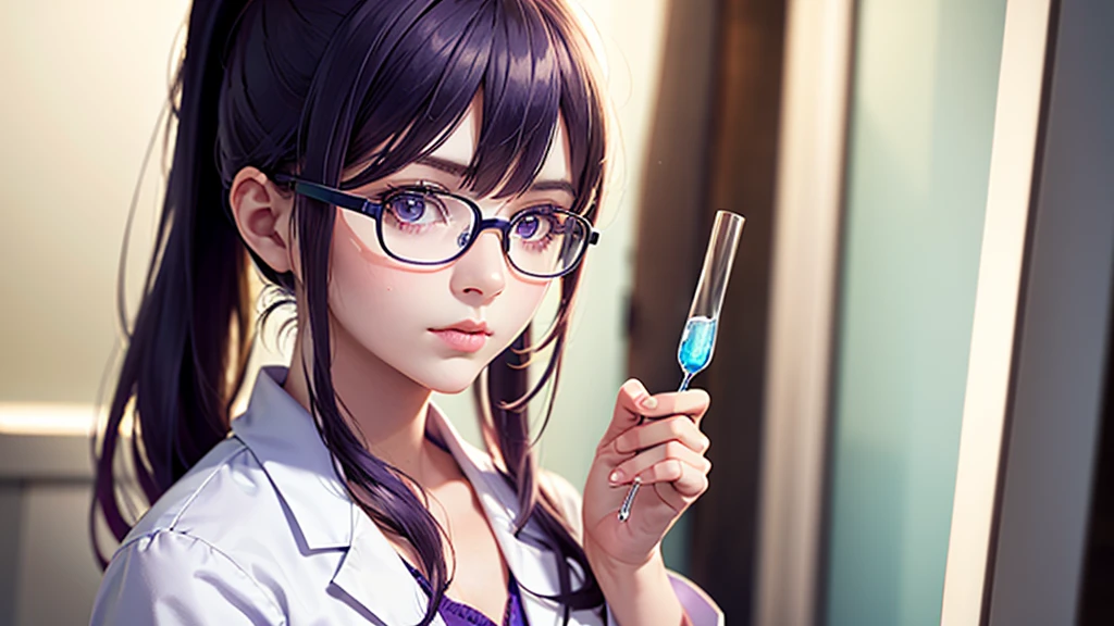 cinderella girl,1girl,long purple hair,ponytail,glasses,white lab coat,curious expression,inquisitive face,holding glass test tube,white laboratory background,(best quality,8k,highres,masterpiece:1.2),ultra-detailed,(realistic:1.37),professional,vivid colors,studio lighting,physically-based rendering,concept art