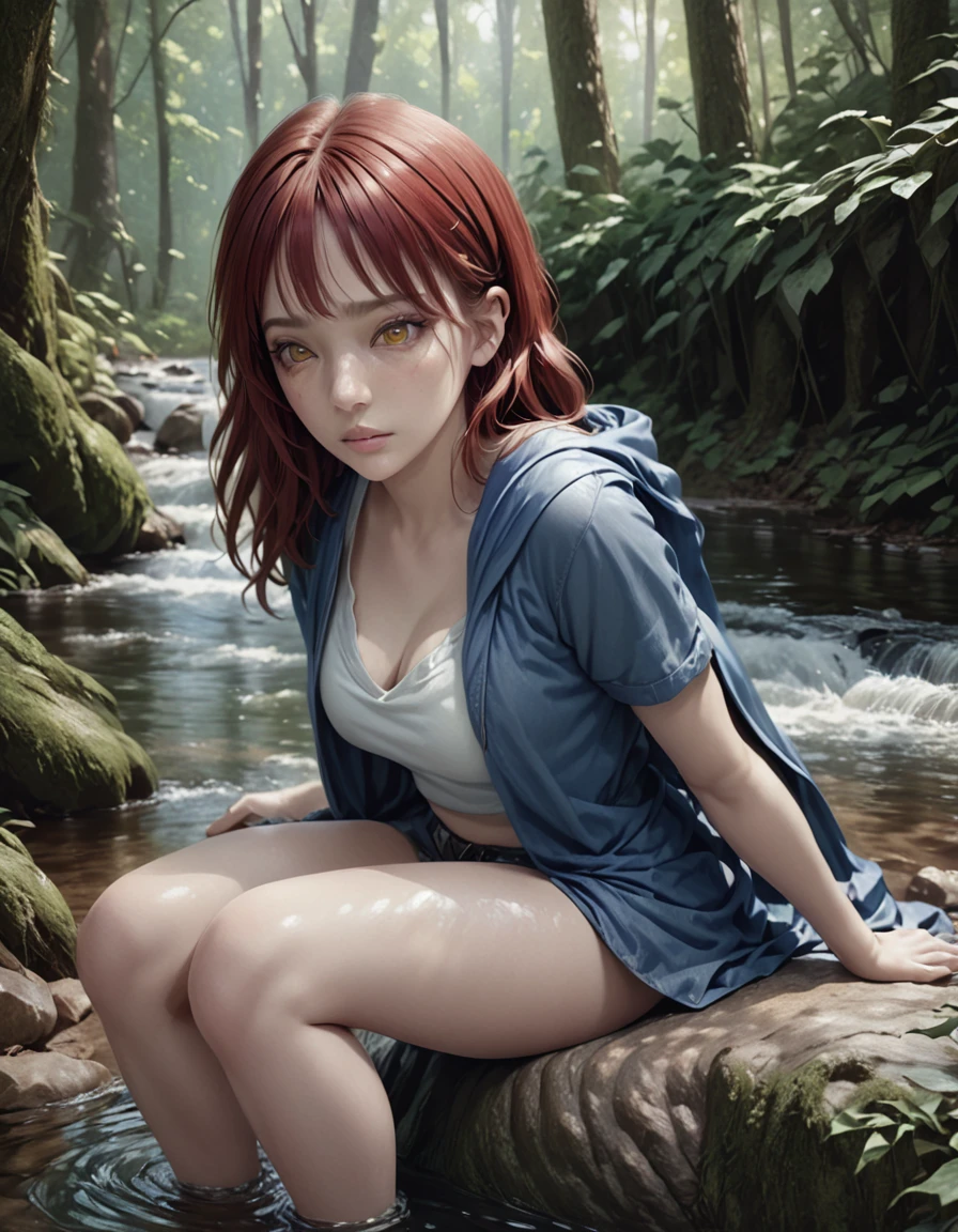 a girl with red hair, animal ears, wearing a blue hooded cape, sitting on a rock by a forest stream, yellow eyes, (best quality,4k,8k,highres,masterpiece:1.2),ultra-detailed,(realistic,photorealistic,photo-realistic:1.37),RAW photo