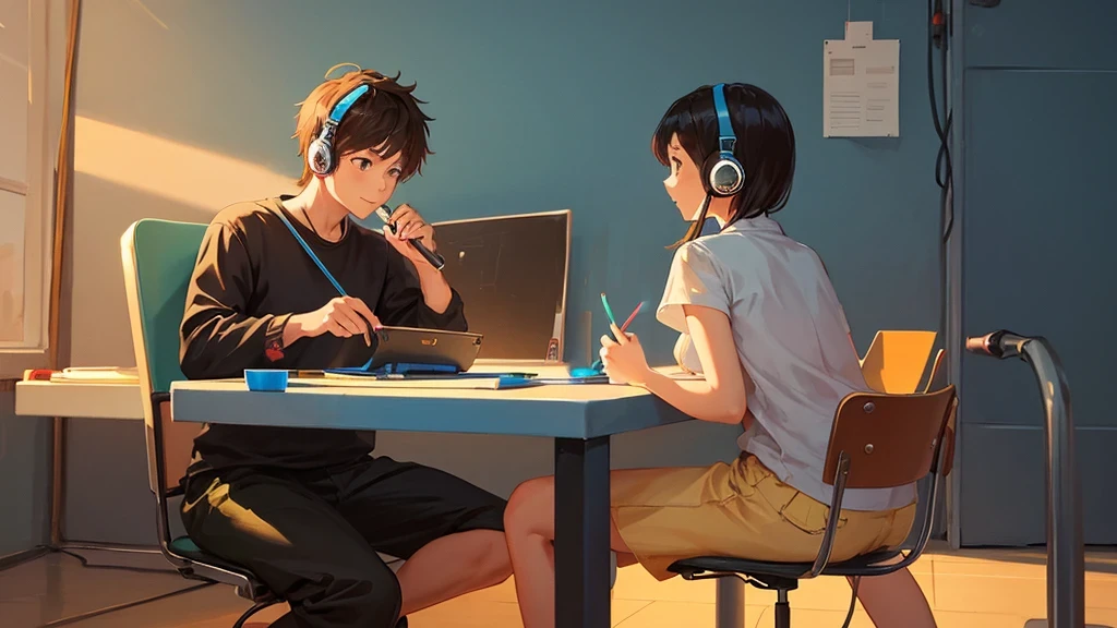 2 people, girl and boy back to each other, the girl is wearing head phone and sit on chair in front of a microphone, the boy is painting on a canva