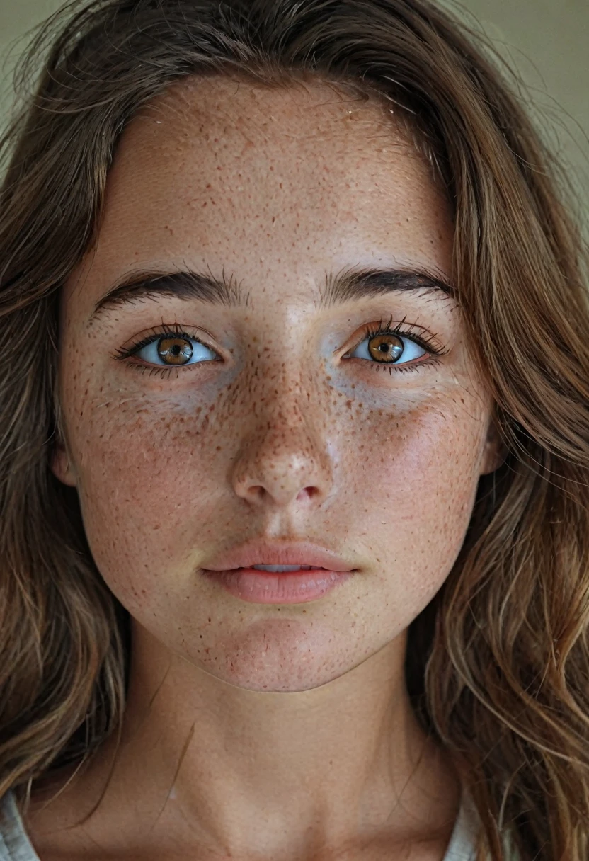 beautiful young girl, long brown hair, amber eyes, freckles on the nose and cheekbones, thick lips, thick black eyebrows
