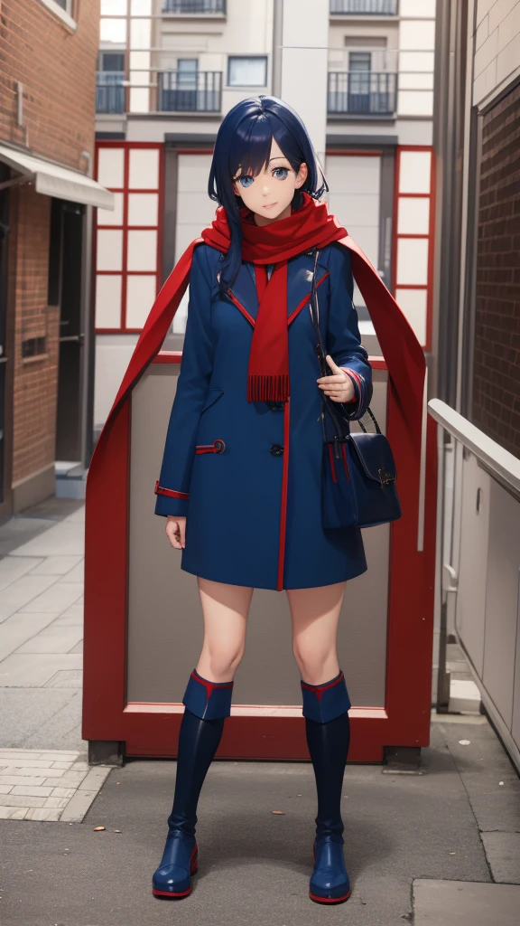 woman in a blue coat and red scarf stands, character portrait of Kamisaki Sekki, pixiv, What's it?, anime full body illustration, anime style, pretty Anime Character design, anime image of a cute girl, detailed Anime Character art, Anime Character art, Anime Character design, Anime Character, anime style character, female Anime Character