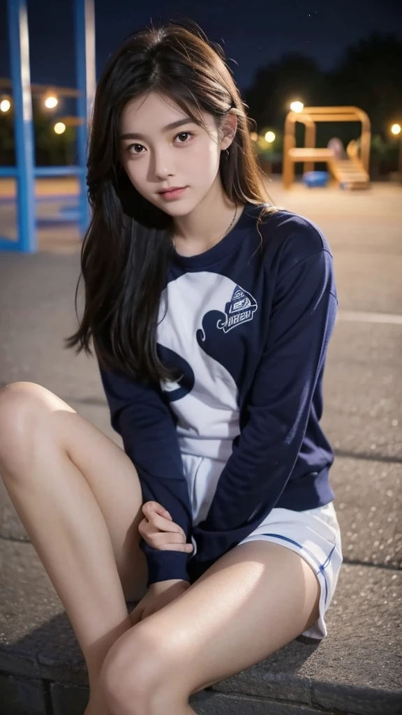 First-person perspective,a female high school student,Sit on the playground,night,wearing jk,Lovely, little open tight