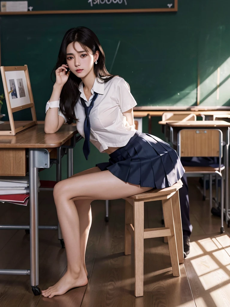 absurdres, RAW photo, extremely delicate and beautiful, masterpiece, Best Quality, ultra high resolution, 32k, hyperrealistic, ultra-detailed, tearful mole, earring, medium breasts, full body shot, medium hair, asymmetrical hair, bare foots, ((school_uniform)), short skirt,