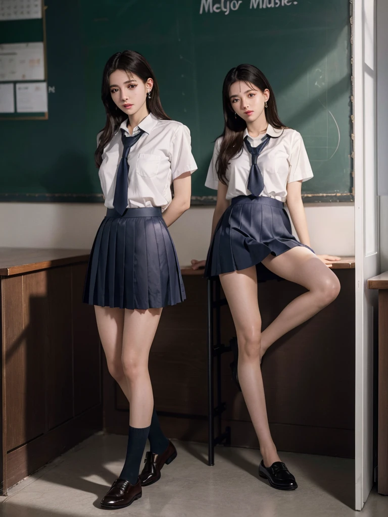 absurdres, RAW photo, extremely delicate and beautiful, masterpiece, Best Quality, ultra high resolution, 32k, hyperrealistic, ultra-detailed, tearful mole, earring, medium breasts, full body shot, medium hair, asymmetrical hair, bare foots, ((school_uniform)), short skirt,