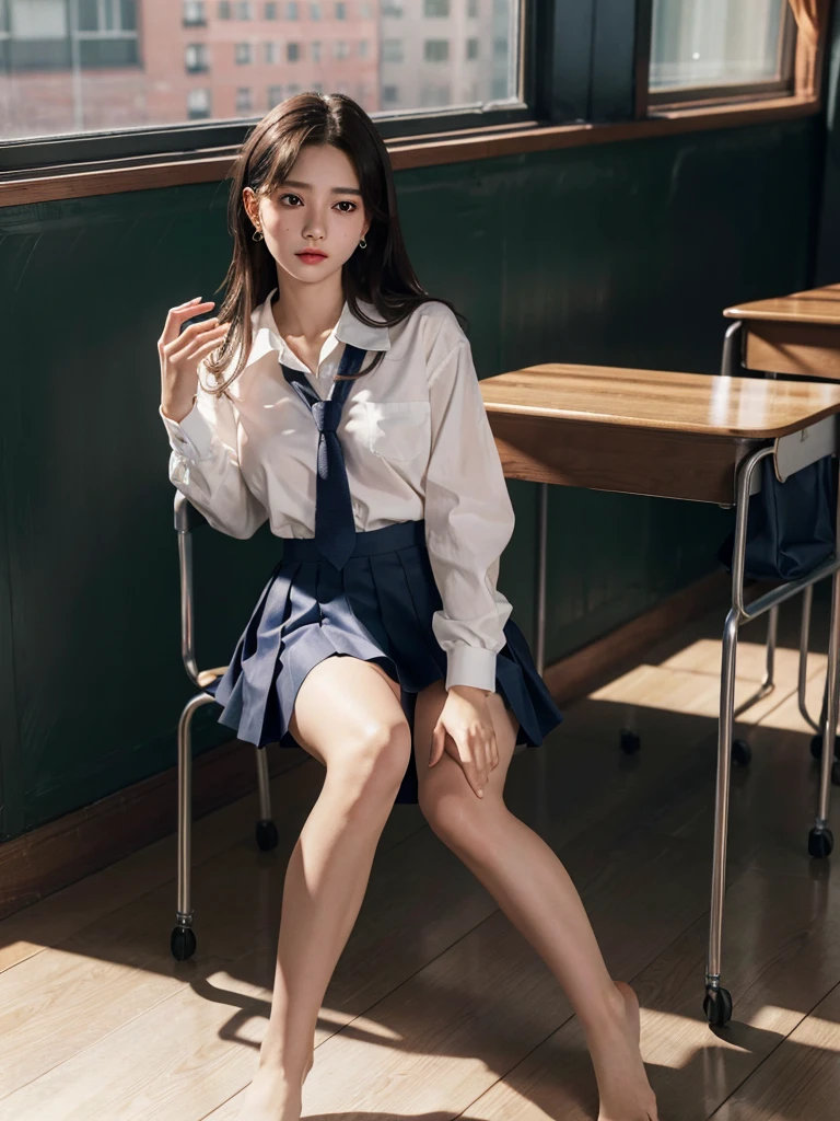 absurdres, RAW photo, extremely delicate and beautiful, masterpiece, Best Quality, ultra high resolution, 32k, hyperrealistic, ultra-detailed, tearful mole, earring, medium breasts, full body shot, medium hair, asymmetrical hair, bare foots, ((school_uniform)), short skirt,