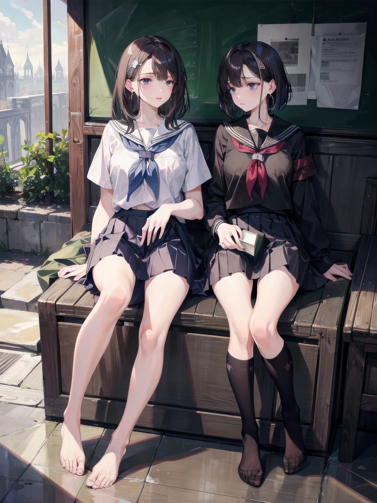 absurdres, RAW photo, extremely delicate and beautiful, masterpiece, Best Quality, ultra high resolution, 32k, hyperrealistic, ultra-detailed, tearful mole, earring, medium breasts, full body shot, medium hair, asymmetrical hair, bare foots, ((school_uniform)), short skirt,