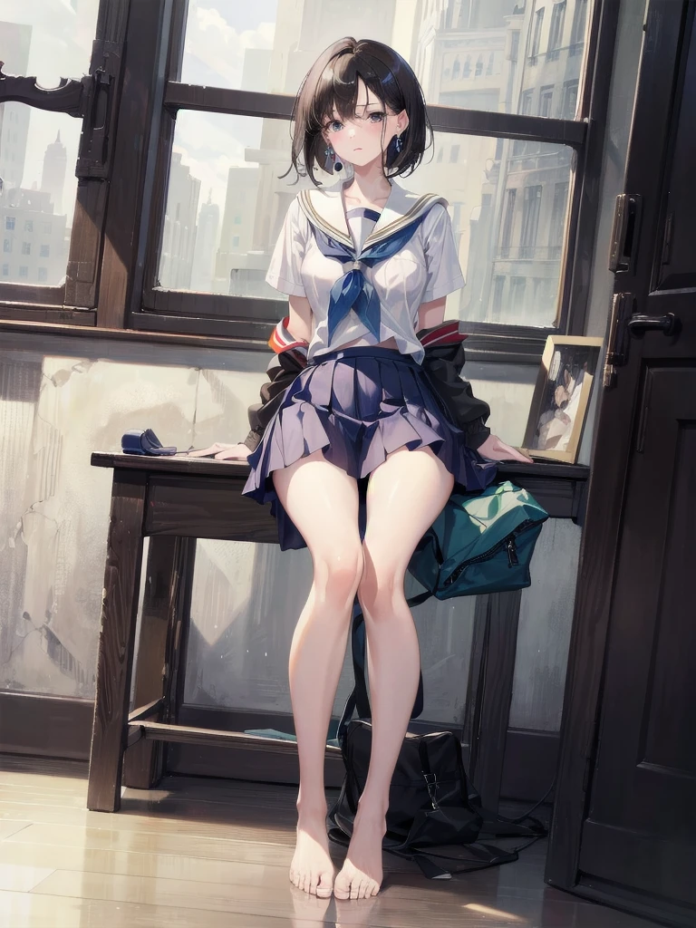 a professional photo of beautiful girl、one girl、ultra high resolution、highest quality、RAW photo、profile、highest qualityのリアルな写真、telescope lens、warm sunshine、random pose、random angle、Chubby、Beautiful Japan girl、short hair、clear natural eyes、plump face、tare eye、lowered eyebrows、profile、masterpiece、whole body、Are standing、delicate skin、Box Pleated Mini Skirt、over sweater、（casual long sleeve cozy loose sweater）、（black boots）、（leaning against the wall）、（looking far away）