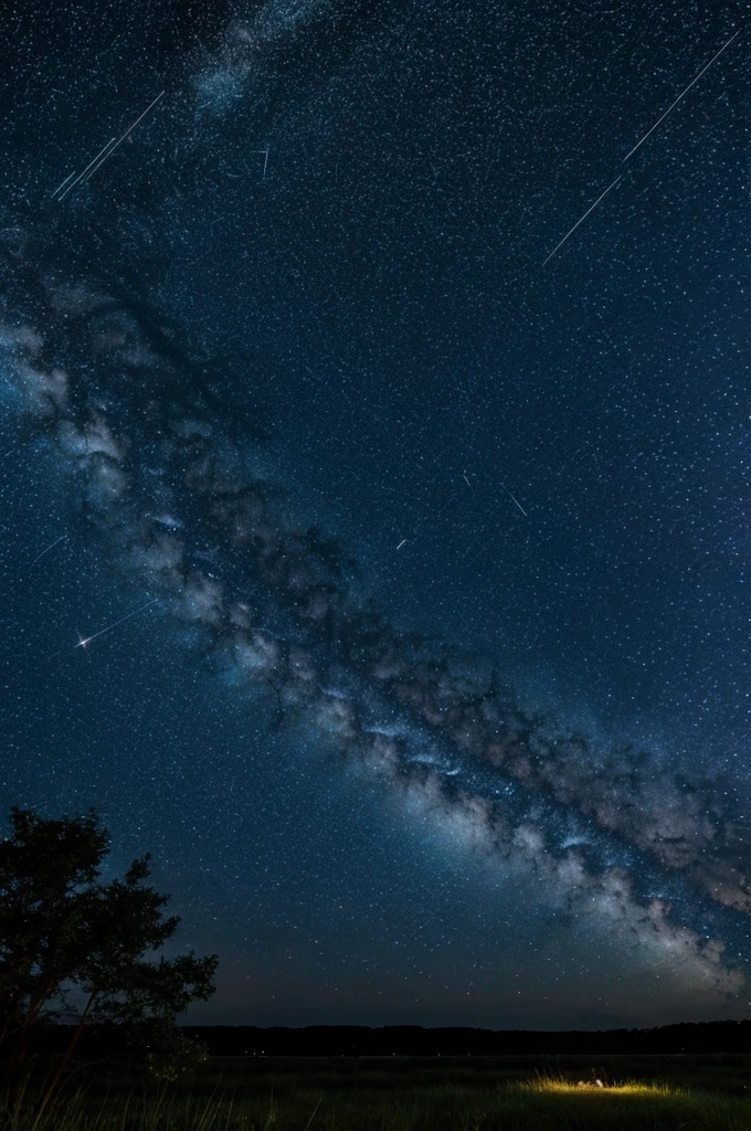 Starry sky with fireflies and shooting star