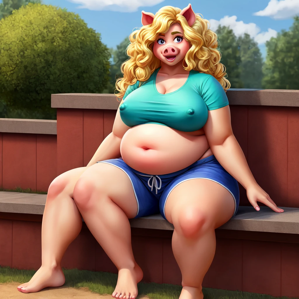 ((Best quality)), ((masterpiece)), (detailed), pig, pig girl, furry pig, big body, большой body, is sitting, smooth belly, shorts, серые shorts, T-shirt, View from afar, long hair, blonde hair, Beautiful face, skinny face, age 45, voluminous hair , curly hair, pig furry, Only 1 character, надутый belly, very big body, fat body, bloated body, pumped body, body looks like an inflated ball, backyard of the house, round belly, smooth belly, pump, belly is round, Navel, Long legs, nipples under a t-shirt , однотонная T-shirt, Hands down, looks at the viewer , scared, very afraid