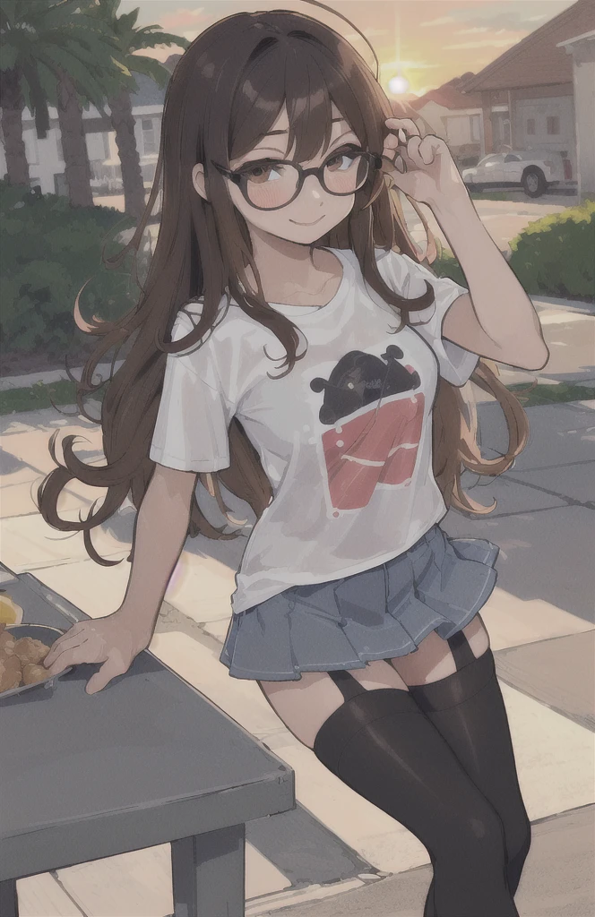 highest quality、Realistic、female、Japanese、zoom、cute、Gray Eyes、Chestnut Hair、Twin tails、Glasses、Large pink T-shirt、mini skirt、Plump、Thick、Eat ice cream