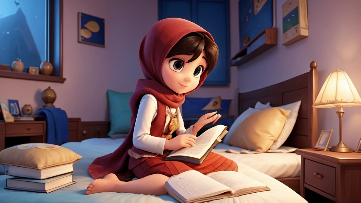 arabic 25 years oald women, reading coran book , take the book in herhands,inside her bed, reading a book,coveredhead,modern Hijab wear,extremely detaild,side view,moderne bedroom design,a moment of pure relaxation,vibrant colors,soft, dim lighting,smooth bokeh effect,oil painting style,Romantic Inspiration,exceptional sharpness PIXAR style