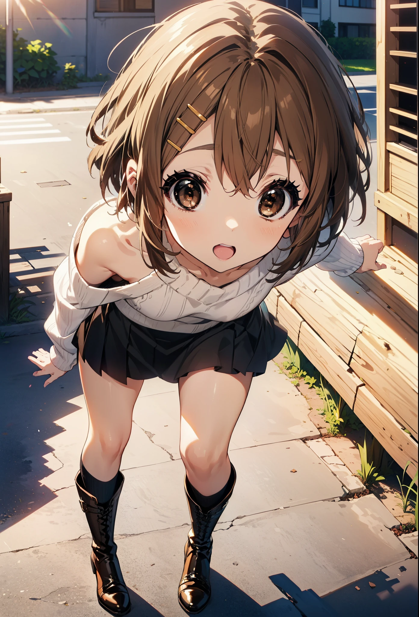 yuihirasawa, Yui Hirasawa, short hair, Brown Hair, hair ornaments, (Brown eyes:1.5), Hair Clip,One-shoulder sweater,mini skirt,Black pantyhose,short boots,Walking,morning,morning陽,The sun is rising,smile,Open your mouth,whole bodyがイラストに入るように
break outdoors,Building district,
break looking at viewer, whole body,
break (masterpiece:1.2), Highest quality, High resolution, unity 8k wallpaper, (figure:0.8), (Beautiful attention to detail:1.6), Highly detailed face, Perfect lighting, Highly detailed CG, (Perfect hands, Perfect Anatomy),