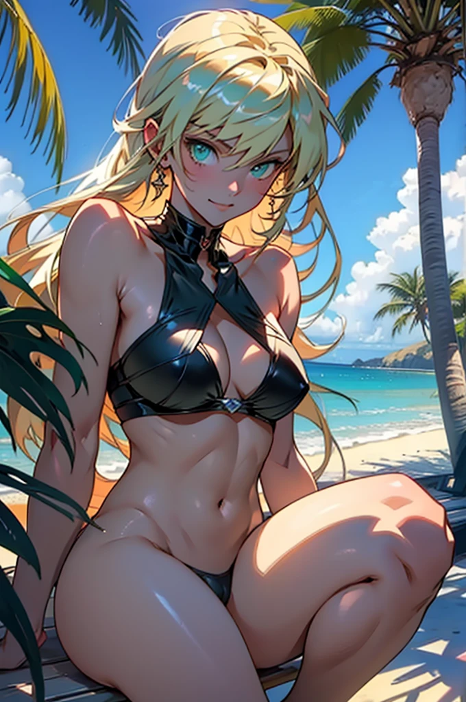 masterpiece, rich colors, Best quality, detailed, high resolution, Hyper quality, high detail, , high quality, detailing, skinny sexy girl on the beach , bright lighting , green eyes, anime, palm trees, bright lighting,