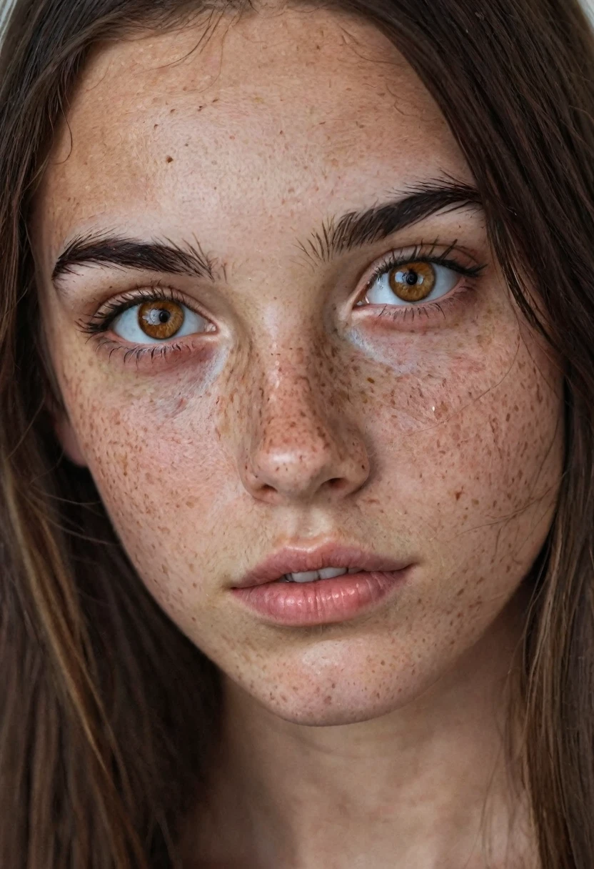 beautiful young girl, long brown hair, amber eyes, freckles on the nose and cheekbones, thick lips, thick black eyebrows