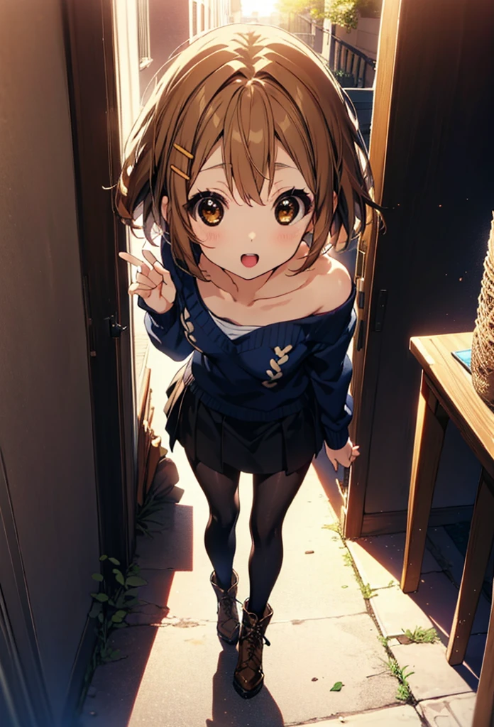 yuihirasawa, Yui Hirasawa, short hair, Brown Hair, hair ornaments, (Brown eyes:1.5), Hair Clip,One-shoulder sweater,mini skirt,Black pantyhose,short boots,Walking,morning,morning陽,The sun is rising,smile,Open your mouth,whole bodyがイラストに入るように
break outdoors,Building district, 
break looking at viewer, whole body,
break (masterpiece:1.2), Highest quality, High resolution, unity 8k wallpaper, (figure:0.8), (Beautiful attention to detail:1.6), Highly detailed face, Perfect lighting, Highly detailed CG, (Perfect hands, Perfect Anatomy),