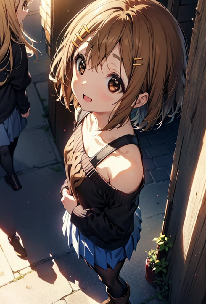 yuihirasawa, Yui Hirasawa, short hair, Brown Hair, hair ornaments, (Brown eyes:1.5), Hair Clip,One-shoulder sweater,mini skirt,Black pantyhose,short boots,Walking,morning,morning陽,The sun is rising,smile,Open your mouth,whole bodyがイラストに入るように
break outdoors,Building district,
break looking at viewer, whole body,
break (masterpiece:1.2), Highest quality, High resolution, unity 8k wallpaper, (figure:0.8), (Beautiful attention to detail:1.6), Highly detailed face, Perfect lighting, Highly detailed CG, (Perfect hands, Perfect Anatomy),