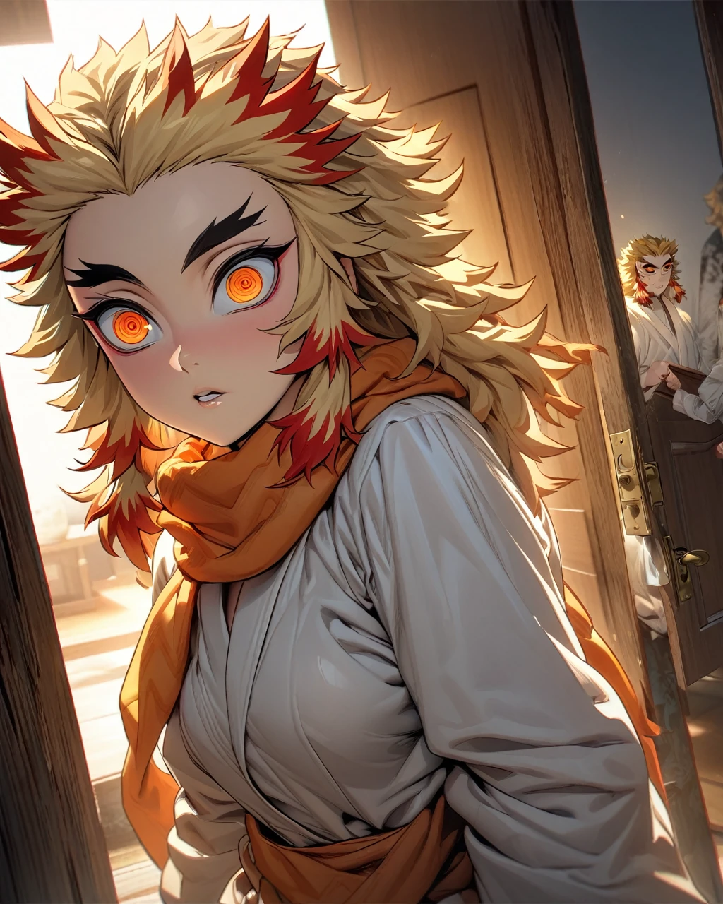 absurderes, high resolution, ultra detaild, HDR, Artwork, best quality, extremly detailed face and eyes, Rengoku Kyojuro, hair blonde, Expressive orange eyes, Kimetsu no Yaiba, dressing,a transparent orange scarf, highlighting your penis,scrolls,door,Long