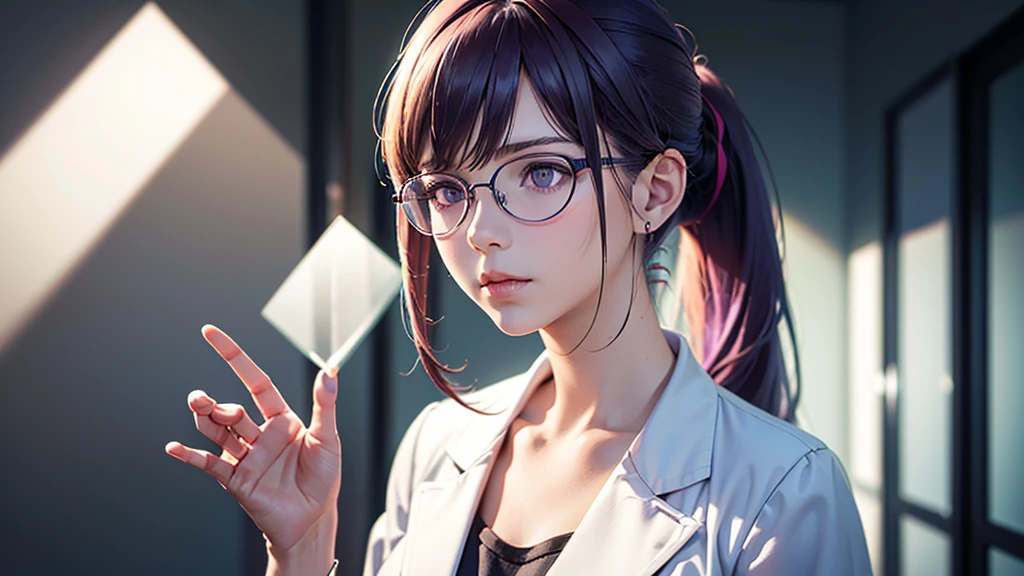 cinderella girl,1girl,long purple hair,ponytail,glasses,white lab coat,curious expression,inquisitive face, with glass sample tubes,white laboratory background,(best quality,8k,highres,masterpiece:1.2),ultra-detailed,(realistic:1.37),professional,vivid colors,studio lighting,physically-based rendering,concept art