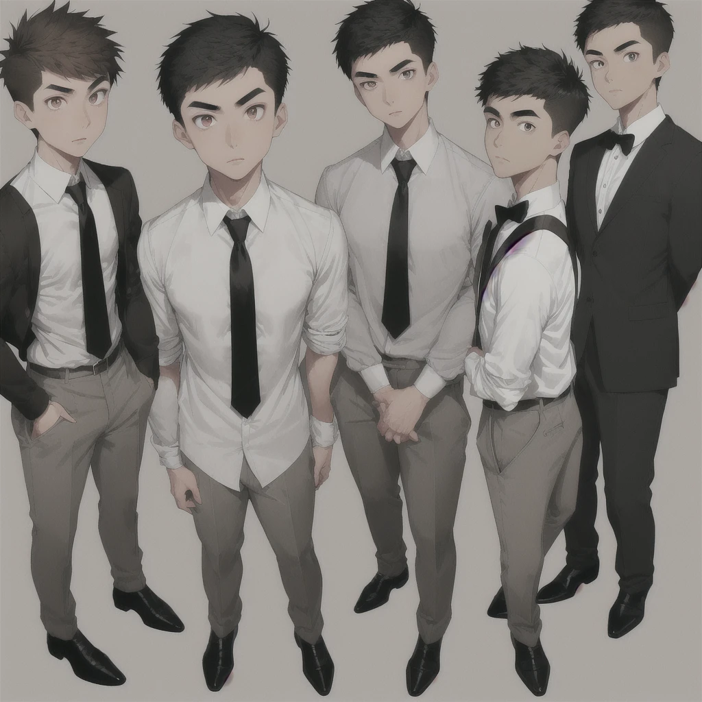 Male Asian young adult , short spikey hair , brown lazy eyes, sharp eyebrow, thin nose, good looking ,brown hair, tan skin, broad shoulders, lean, tall, short black tie, fitted white school shirt with rolled sleeves, light grey school pants, black fancy shoe , full body view